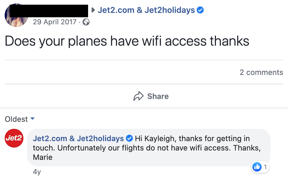 facebook comment from jet2